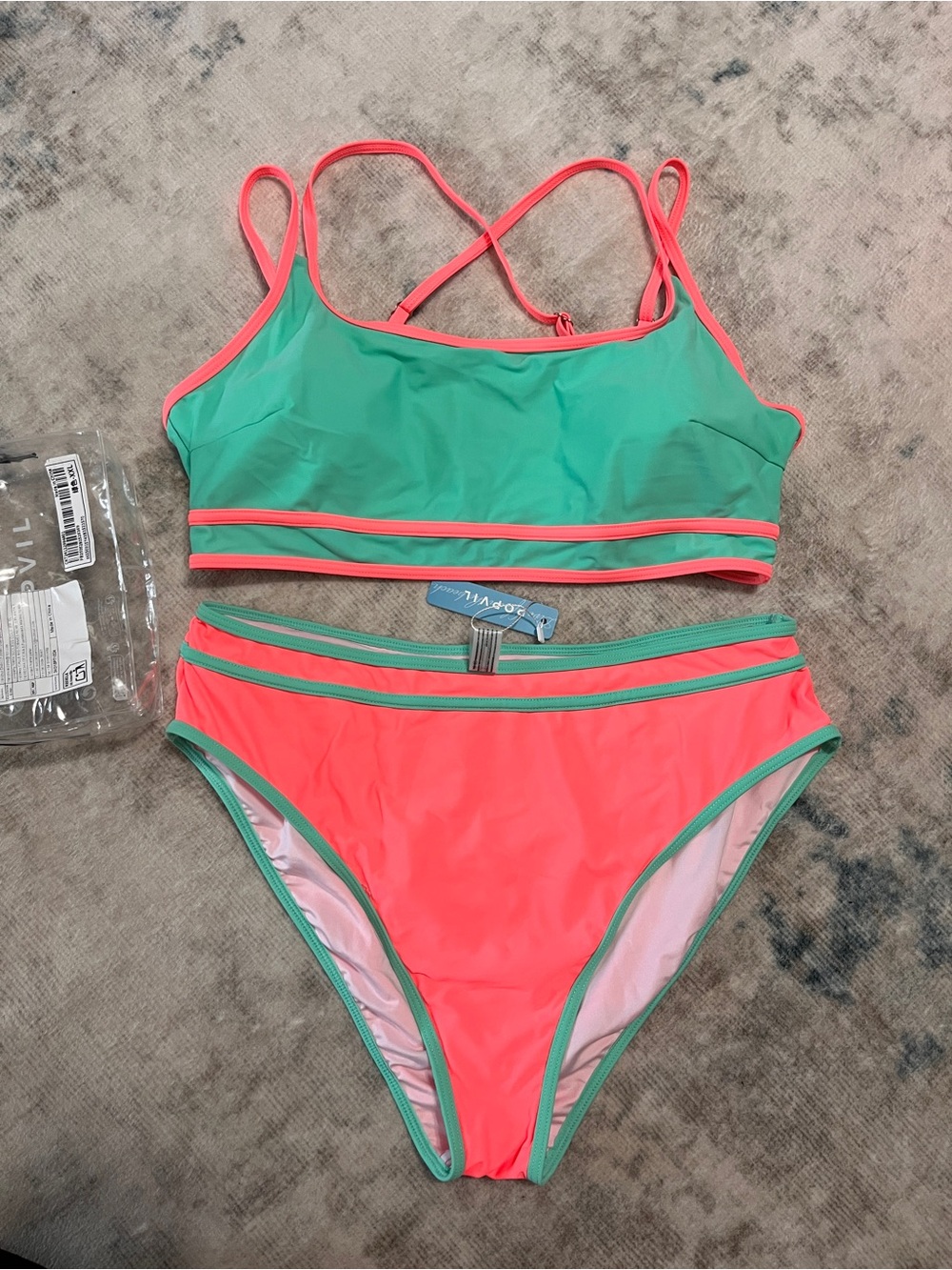 Popvil Two-Tone Green and Coral High-Waist Bikini Set